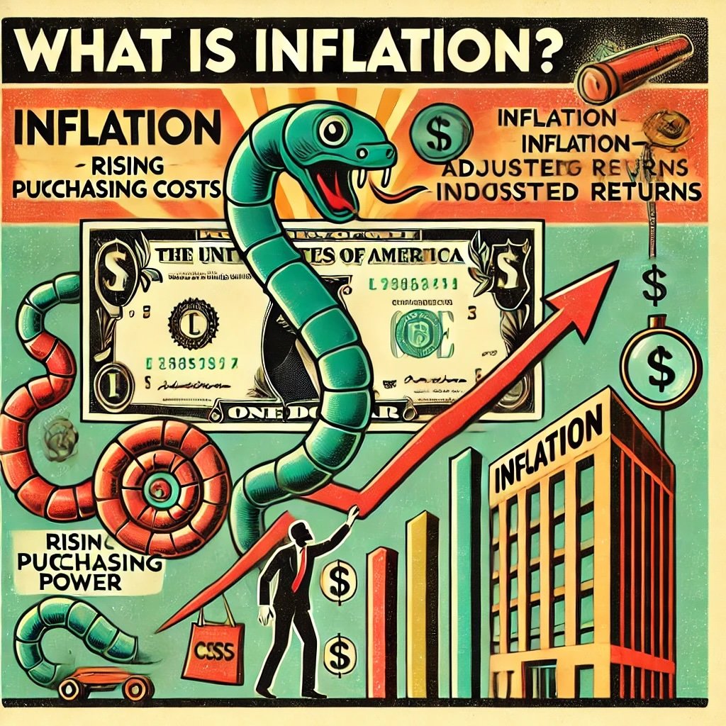 What Is Inflation? depicts the impact of inflation with a shrinking dollar bill surrounded by arrows labeled Rising Costs and a figure struggling to stretch a dollar across goods