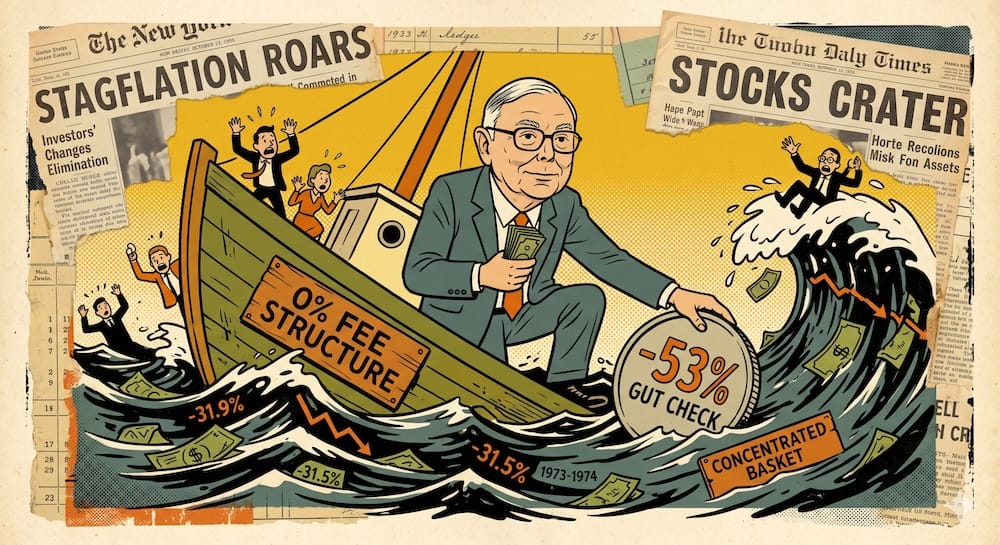 Charlie Munger sosteniendo una moneda de '-53% Gut Check' en un barco que se hunde, los inversores barriendo. Un collage de colores vintage de los titulares 'Stagflation Roars' y 'Stocks Crater' crea un contraste de fondo.