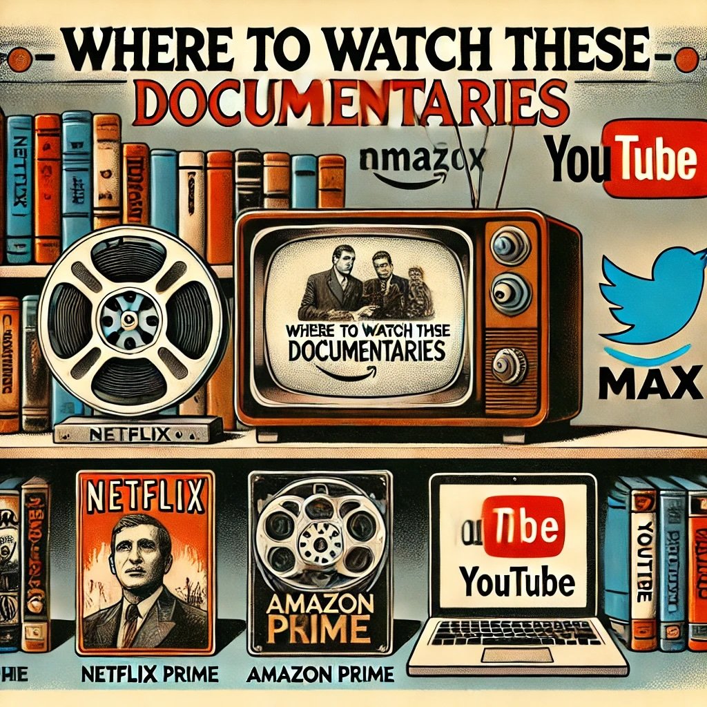 Where to Watch These Documentaries" features a vintage TV displaying a documentary, a film reel labeled "Netflix," "Amazon Prime," and "HBO Max," and a laptop showing YouTube