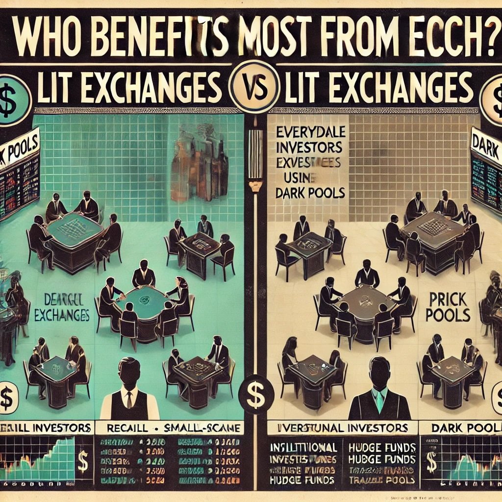 Who Benefits Most from Each?" with a contrast between dark pools and lit exchanges. It highlights the suitability of each for different types of market participants, from retail traders to institutional investors.