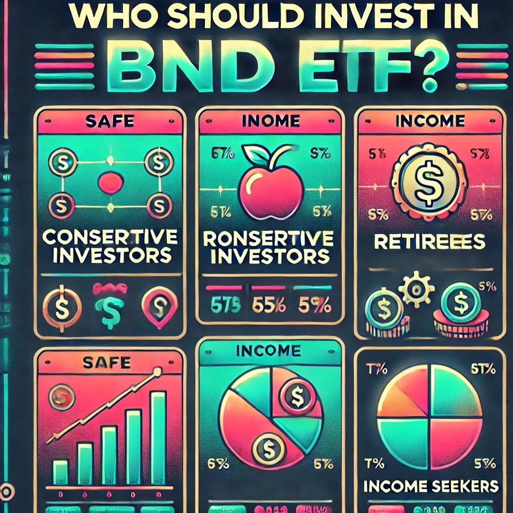 Who Should Invest in BND ETF? neon colors with icons such as safes, coins, and pie charts to represent conservative investors, retirees, and diversification benefits