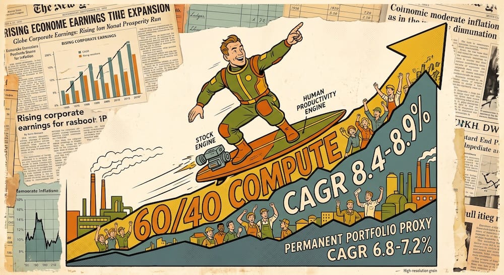 A joyful investor surfing an exponential graph line labeled "60/40 COMPUTE CAGR 8.4-8.9%." Small engines on his surfboard read "STOCK ENGINE" and "HUMAN PRODUCTIVITY ENGINE." Below, a struggling lower line shows "PERMANENT PORTFOLIO PROXY CAGR 6.8-7.2%." 