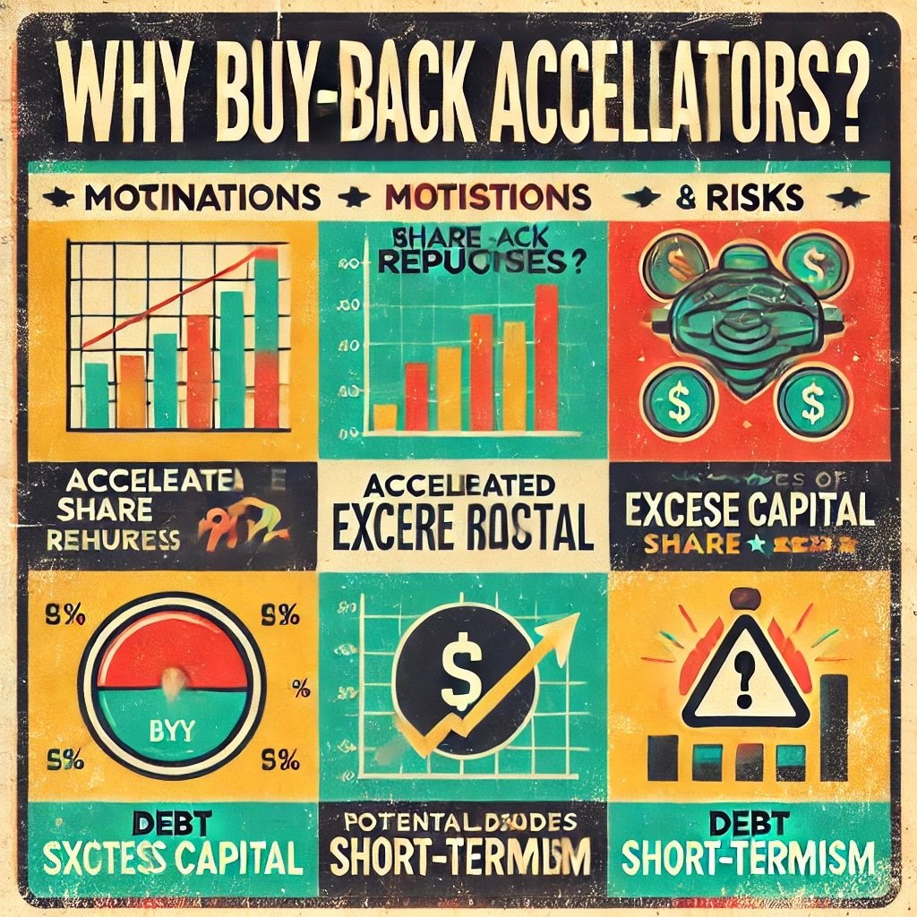 Why Buy-Back Accelerators? concept illustrates the strategic appeal and potential pitfalls of accelerated share repurchases highlights motivations like signaling financial strength, managing excess capital, and enhancing EPS, while addressing risks such as debt accumulation and short-term focus. This visual captures the complexity and debate surrounding this powerful corporate tool in modern finance. 