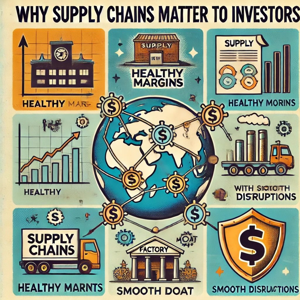 Why Supply Chains Matter to Investors globe interconnected with factories, cargo ships, and distribution hubs balance sheet labeled "Healthy Margins," a shield marked "Moat