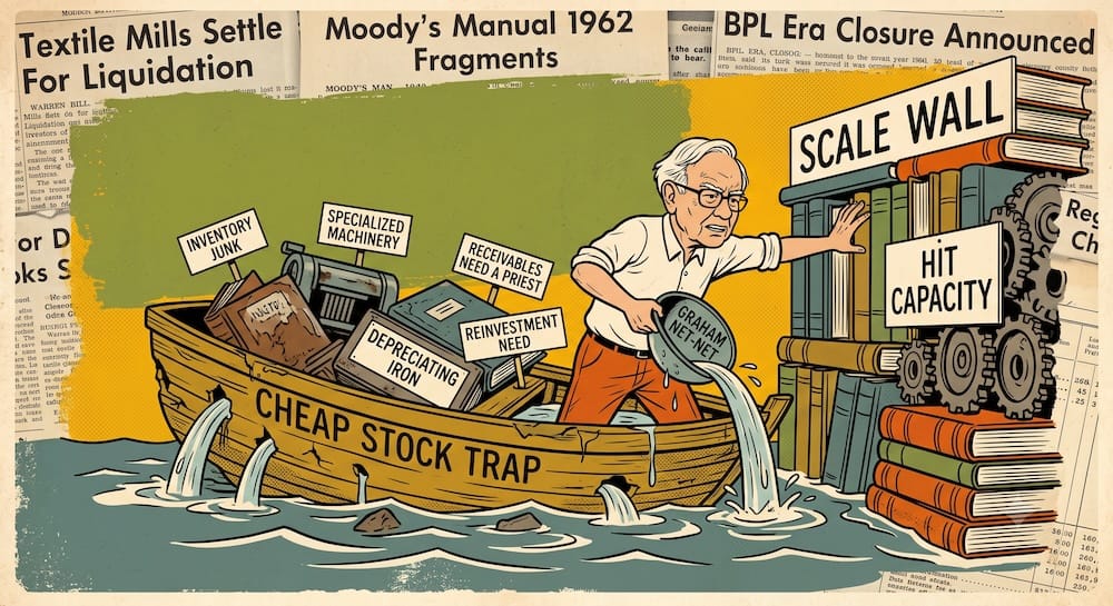 Warren Buffett abandonando la estrategia de colapso de saldo de Graham frente a la pared de escala Caricatura de Warren Buffett estresado en un bote que se hunde llamado CHEAP STOCK TRAP, desbordando con pesos fisicos de inventario basura y maquinaria especializada. Achica agua freneticamente con un casco leaky GRAHAM NET-NET mientras enfrenta un obstaculo fisico de engranajes y libros SCALE WALL etiquetado HIT CAPACITY.