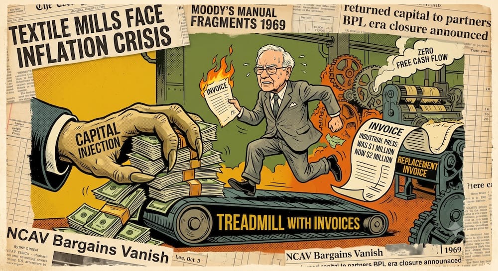 Warren Buffett corriendo en la cinta de inflacion con facturas trampa de gasto de capital intensivo de activos Caricatura expresiva de Warren Buffett corriendo sin exito en una cinta transportadora en movimiento rotulada TREADMILL WITH INVOICES mientras sostiene un papel de factura en llamas, junto a una mano gigante con garras que deposita pilas de efectivo rotuladas CAPITAL INJECTION.