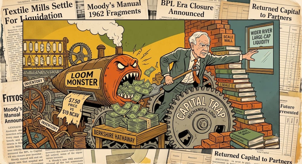 Warren Buffett paleando efectivo en el monstruo de telares textiles de Berkshire Hathaway que actua como trampa de capital Dibujo financiero que muestra una caricatura expresiva de Warren Buffett paleando fajos de dolares en la boca abierta de un telar mecanico rugiente rotulado LOOM MONSTER, con una etiqueta de precio que muestra 7.50 frente a 19 NCAV.