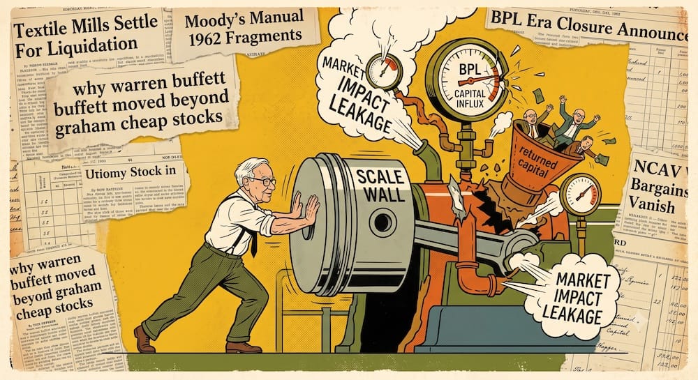 Motor de reasignacion activa de Warren Buffett sobrecalentado por limites de capacidad de flujo de capital Una caricatura expresiva de Warren Buffett haciendo fuerza con las manos planas contra un piston pesado de acero en movimiento rotulado SCALE WALL. La maquinaria de vapor colapsa arriba por la alta presion bajo un manometro rotulado BPL CAPITAL INFLUX, liberando vapor en burbujas de texto rotuladas MARKET IMPACT LEAKAGE