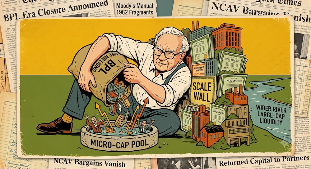 Warren Buffett intentando volcar un capital masivo de BPL Partnership en un pool restrictivo de activos micro cap Warren Buffett volcando una bolsa gigante rotulada BPL MILLIONS en un desagüe estructural pequeño rotulado MICRO-CAP POOL, rebosando con modelos miniatura de fábricas junto a una pila de libros de acciones de gran capitalizacion rotulada SCALE WALL.
