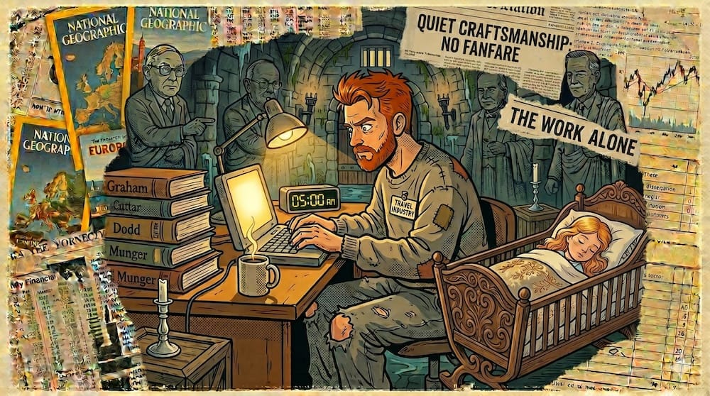 A retro editorial cartoon illustration of a writer with a short red beard and spiked red hair working at a laptop in a stone dungeon-style room at 5:00 AM, a scene from the years the site's research got built. He is wearing ragged, patched sweatpants and a sweatshirt with a 'Travel Industry' badge. To his right, a toddler girl with blonde hair sleeps peacefully in an ornate wooden crib. The desk holds a steaming coffee mug and a stack of books labeled Graham, Dodd, and Munger. The background features a vintage newspaper collage with headlines reading 'THE WORK IS DONE' and 'NO FANFARE, NO SEQUEL.'