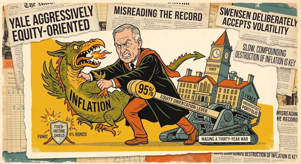 La Asignación Agresiva a Acciones de Swensen: Una Guerra de Treinta Años Contra la Inflación Un decano universitario caricaturizado peleando contra el dragón de la Inflación usando una palanca de asignación de acciones del 95 por ciento, ignorando un escudo de bonos del 4 por ciento.