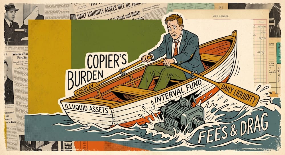 Retail Yale Cosplay: A Structural Mismatch of Illiquidity, Fees, and Adverse Selection An exhausted investor in a fake Yale blazer struggles to row a collapsing rowboat marked INTERVAL FUND. Heavy machinery labeled ILLIQUID ASSETS sinks through the hull, creating turbulent waves of FEES & DRAG.