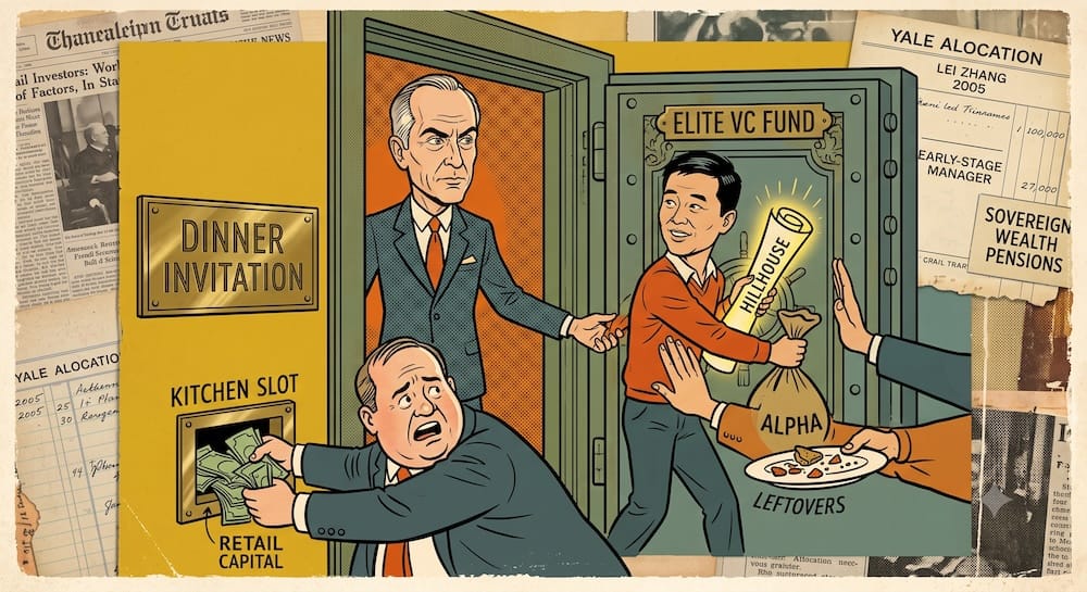 David Swensen es invitado a entrar por la puerta blindada de un fondo de capital de riesgo para compartir una comida privada de RENDIMIENTO EXCEDENTE, mientras un inversor minorista con sobrepeso abajo recibe un plato de sobras etiquetadas como SOBRAS a través de una ranura restringida llamada RANURA DE LA COCINA. Titulares de fondo mencionan Asignación de Yale, 2005 Lei Zhang y Fondos Soberanos de Pensiones.